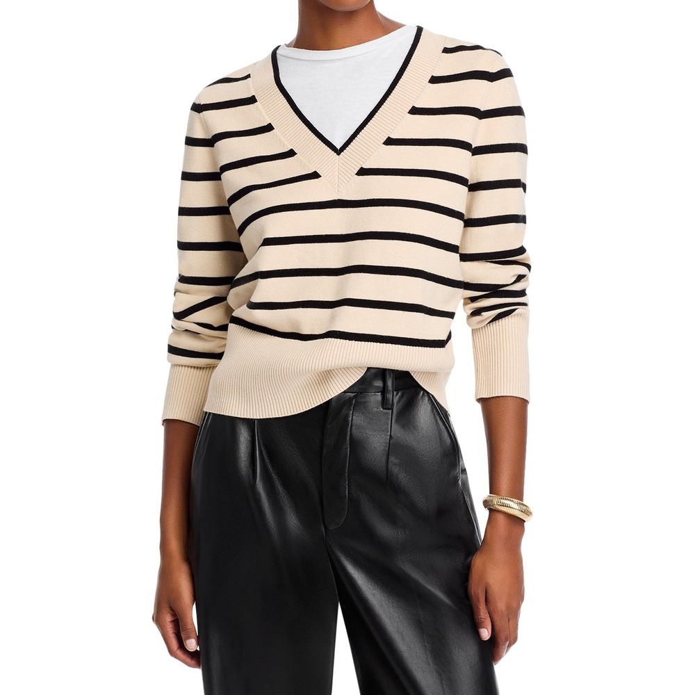 AQUA Striped V-Neck‎ Sweater Knit Pullover Top Size M REVIEW ALL PHOTOS ‼️
